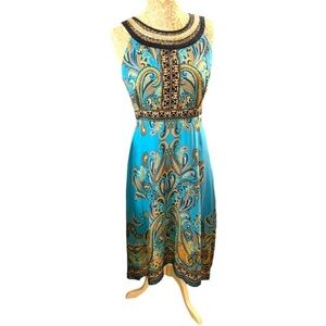 Sandra Darren Turquoise Mandela Print Embellished Sleeveless Maxi Dress NWOT 8